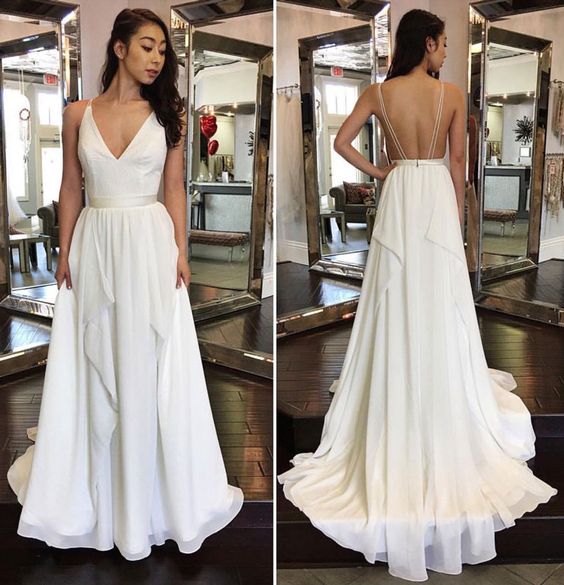 Sexy V Neck White Chiffon Long Prom Dressbackless Prom Dressprom Dress For Teenscustom Made 8755